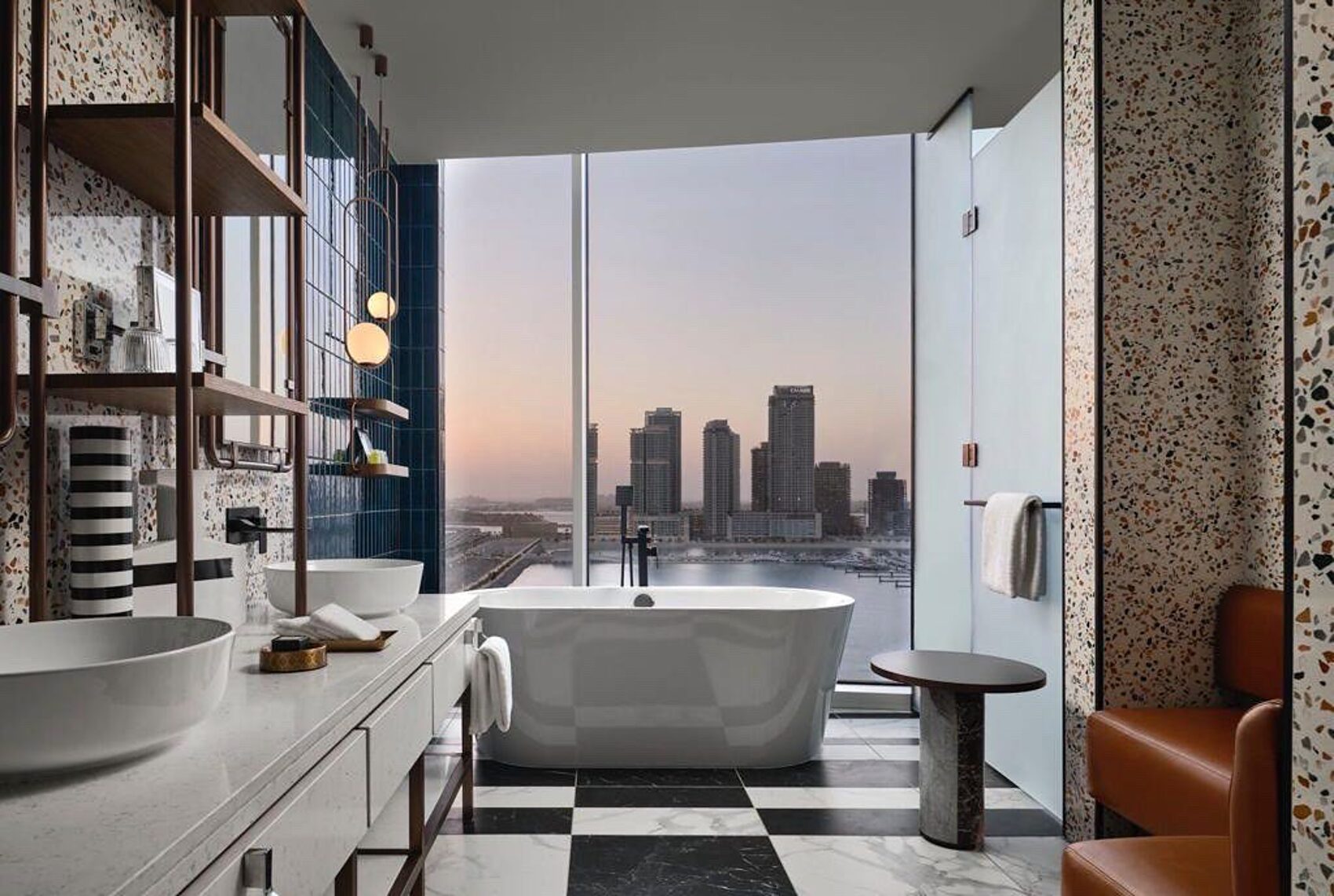 Freestanding bathtub with Dubai skyline view, W Hotel Mina Seyahi